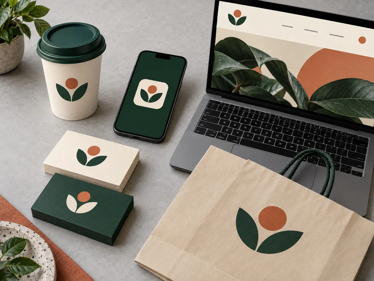 MORI brand kit applied to a coffee cup, phone, business cards, laptop, and shopping bag