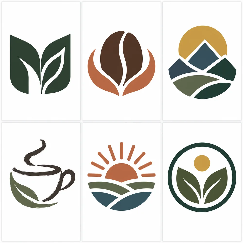 Six AI-generated logo directions for MORI, a fictional sustainable coffee brand