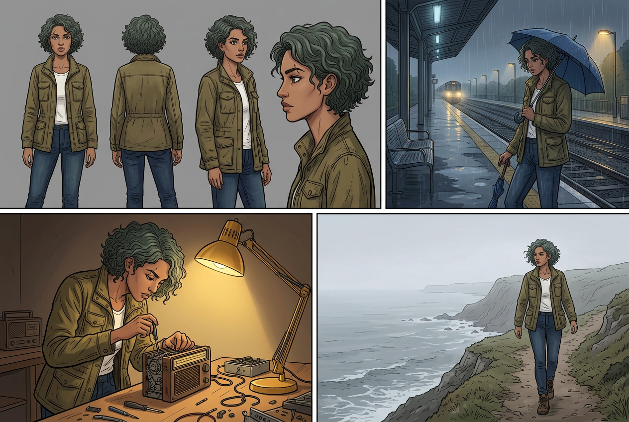 Example output generated from the "Consistent character across multiple scenes" prompt