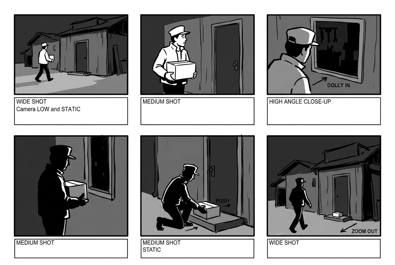 Example output generated from the "Storyboard frames from a script beat" prompt