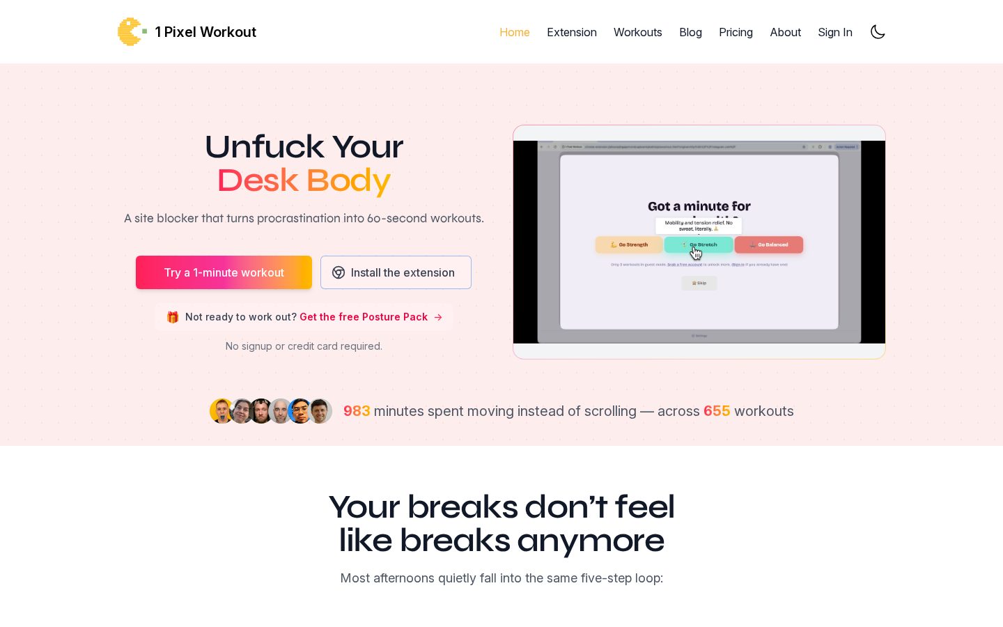 1 Pixel Workout Homepage