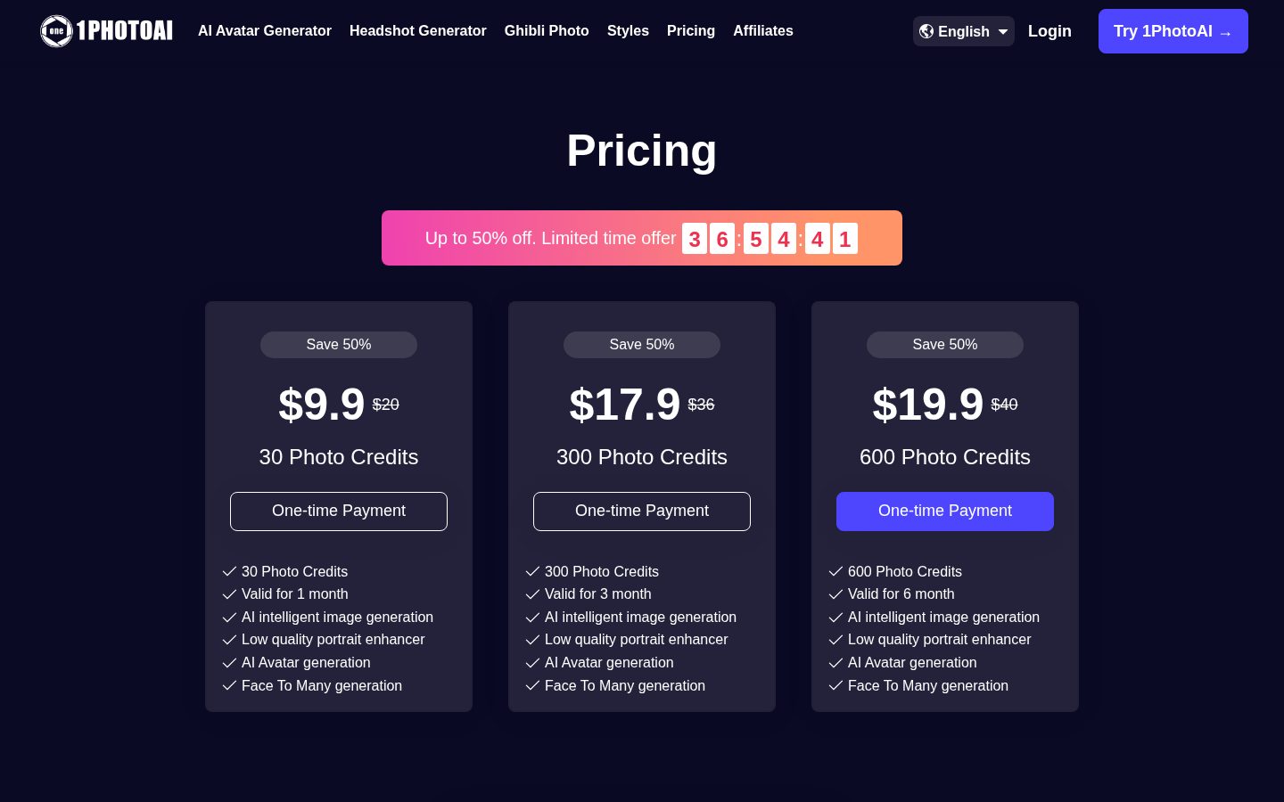 1PhotoAI Pricing