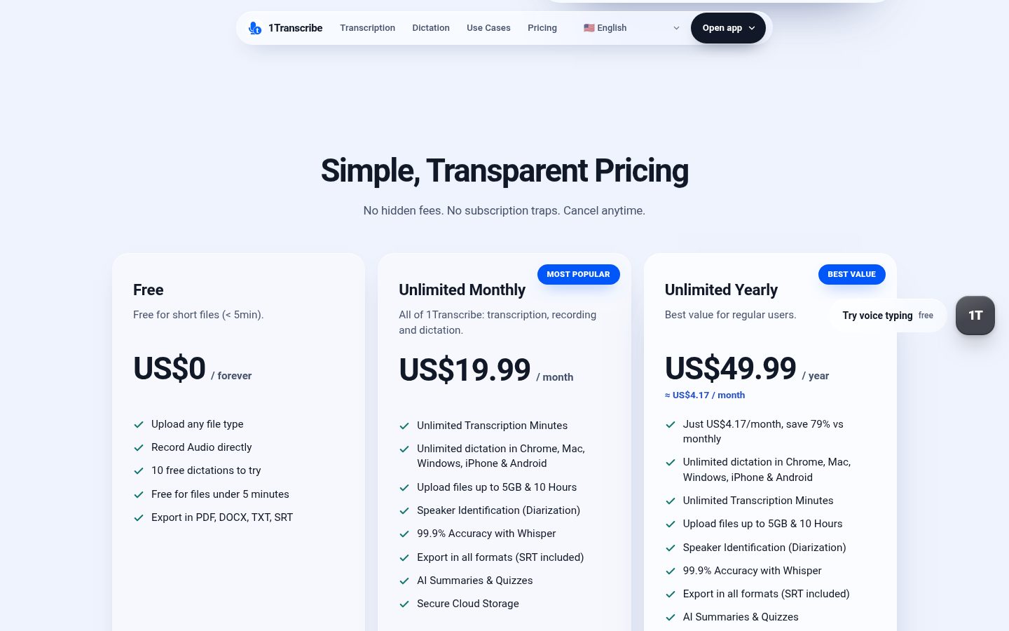 1Transcribe Pricing