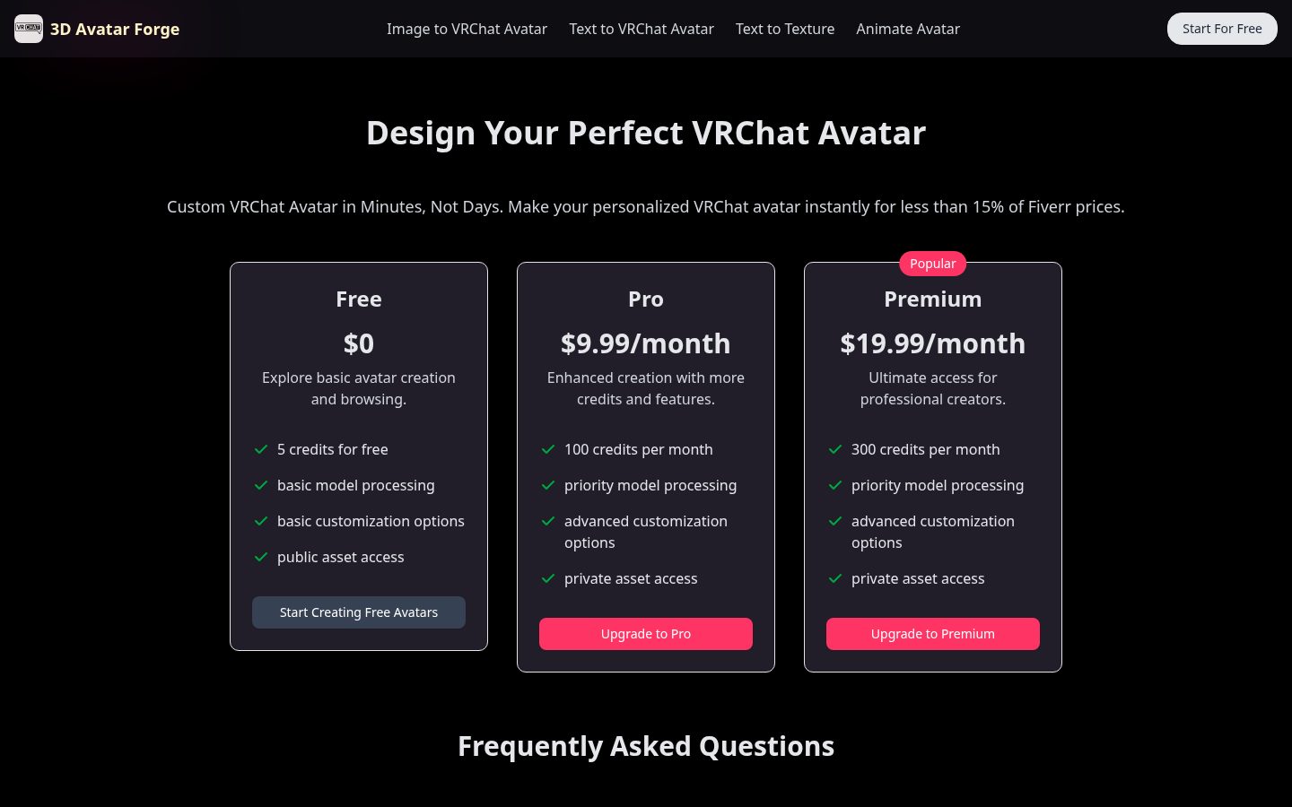 3D Avatar Forge Pricing