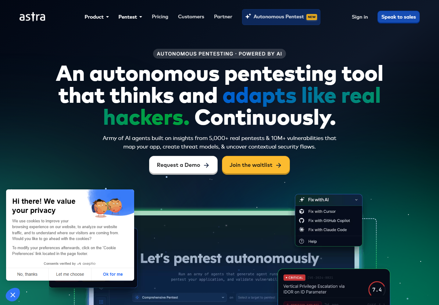Astra Pentesting homepage