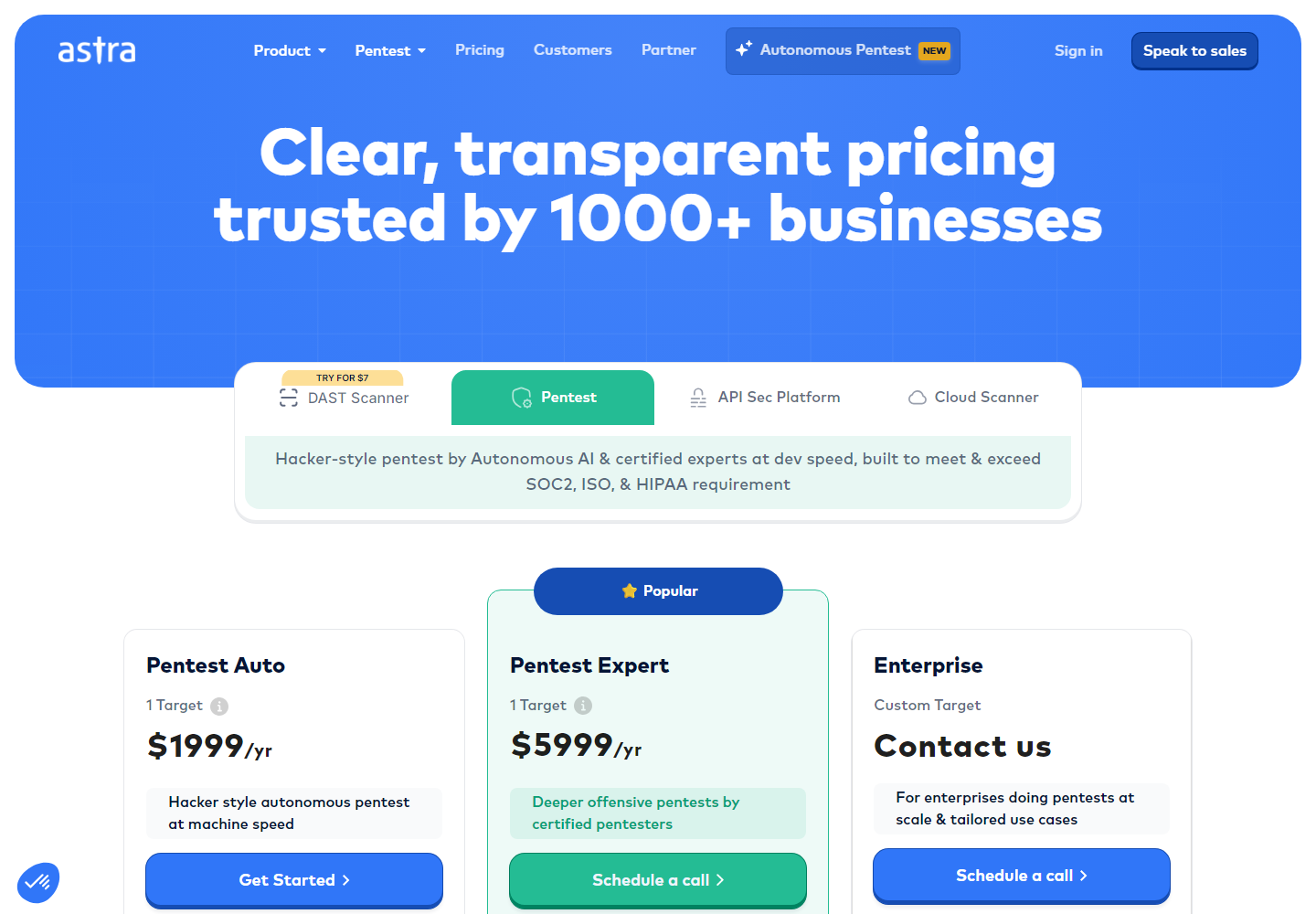 Astra Pentesting pricing