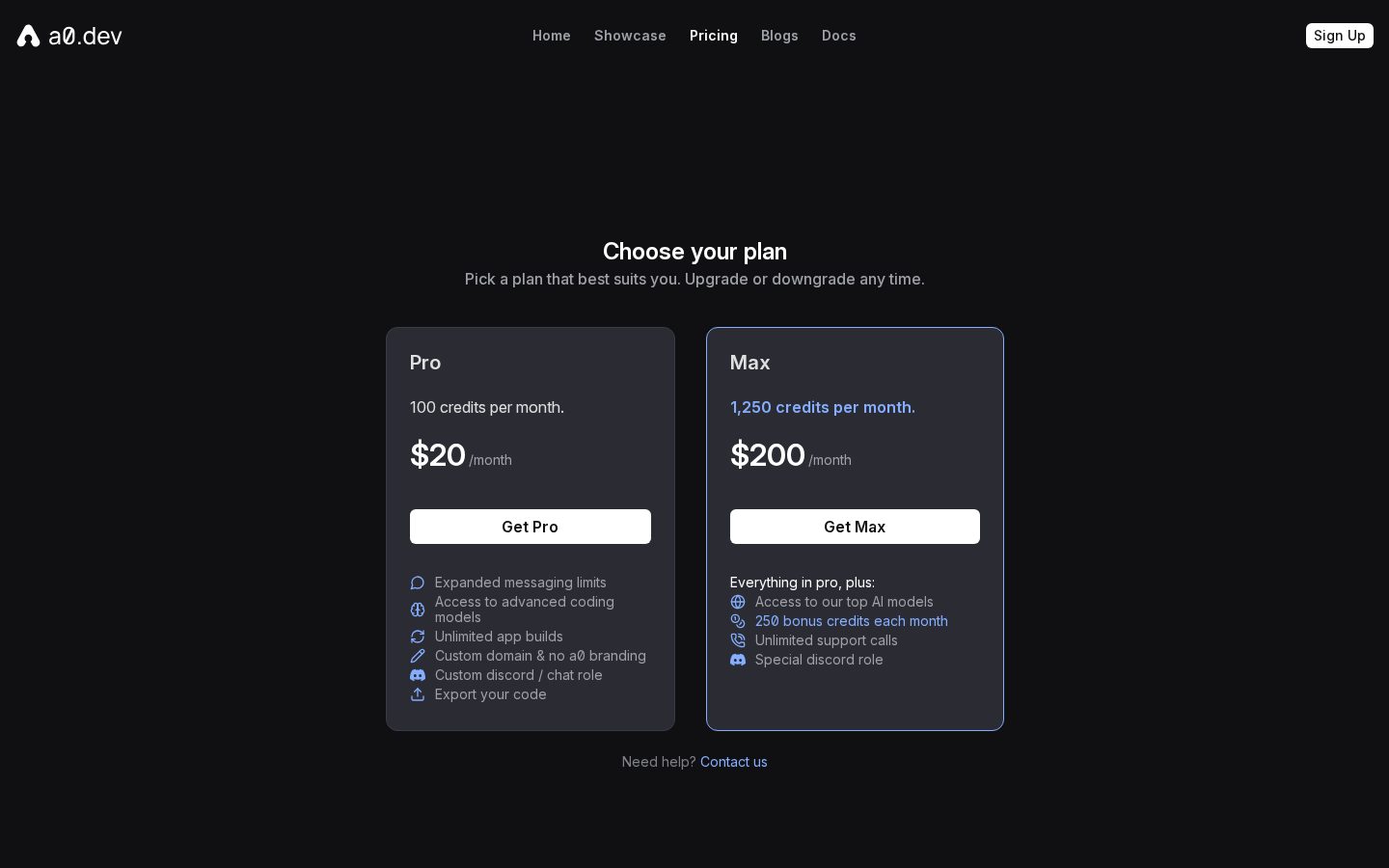 a0.dev Phase 1 Pricing