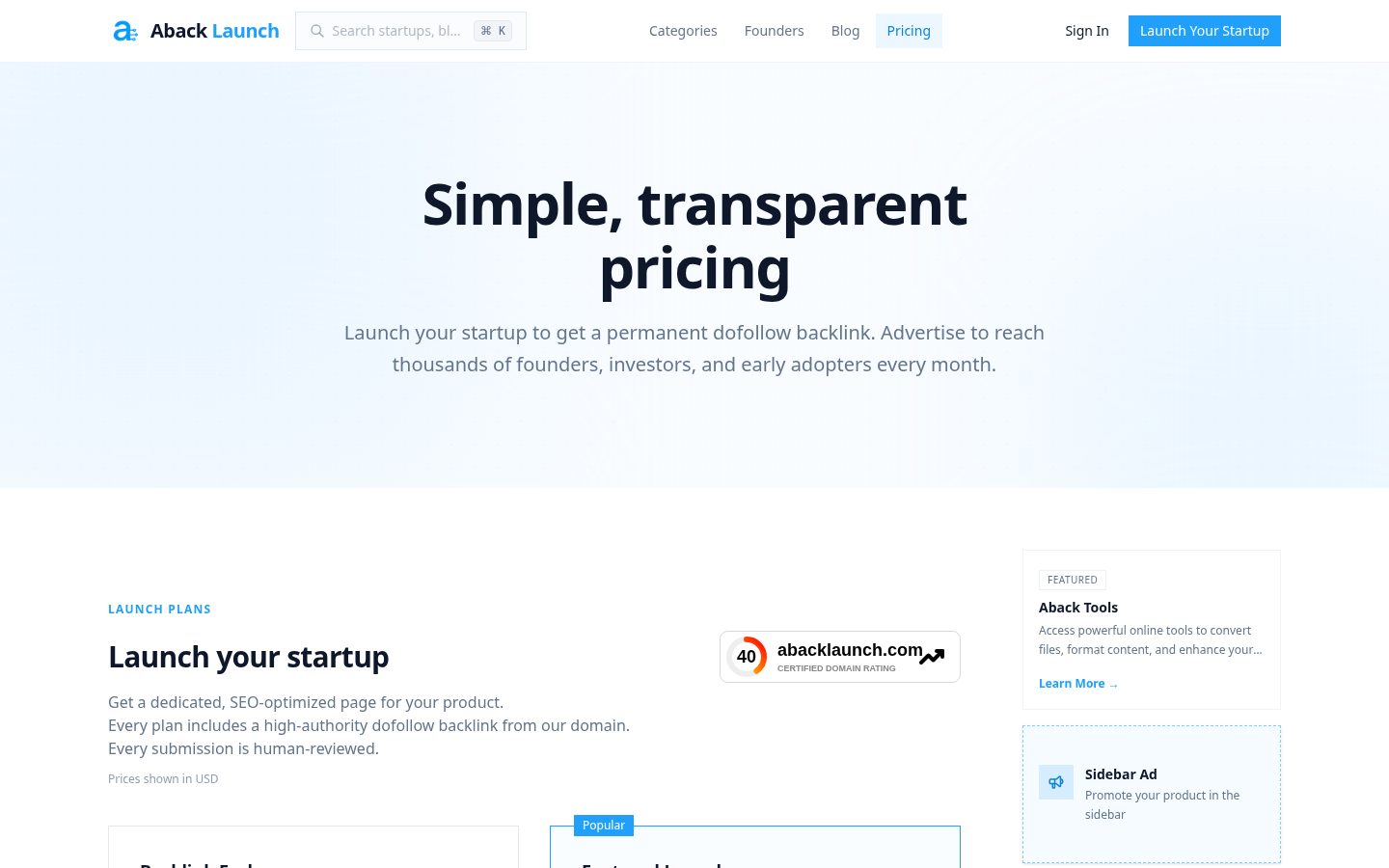 Aback Launch Pricing