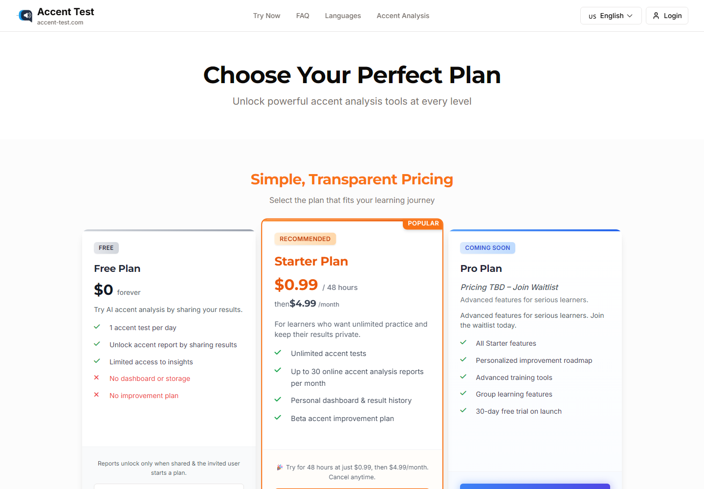 Accent Test pricing