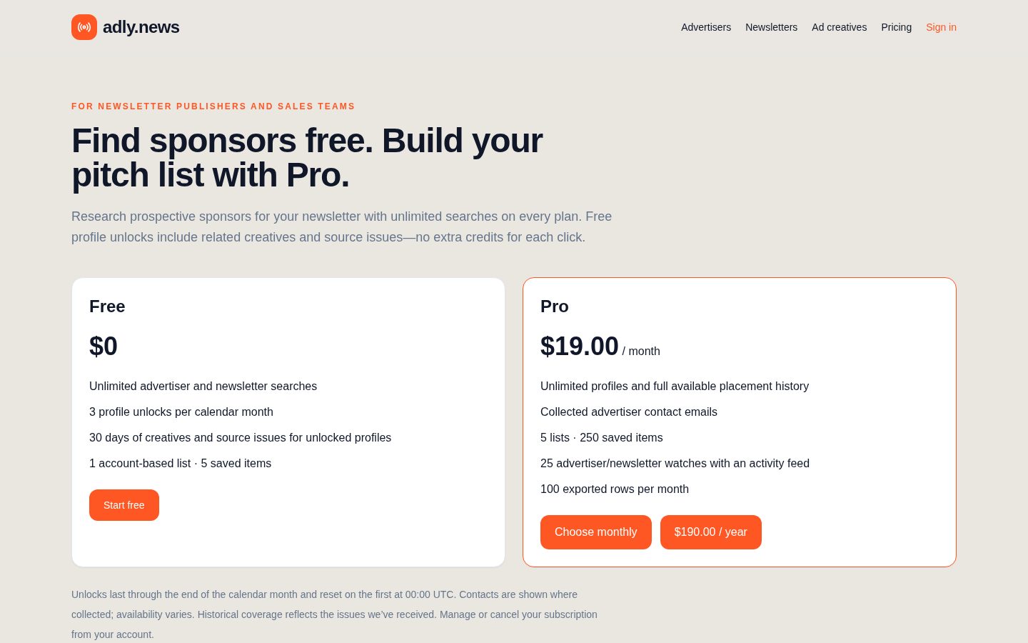 adly.news/newsletter Pricing