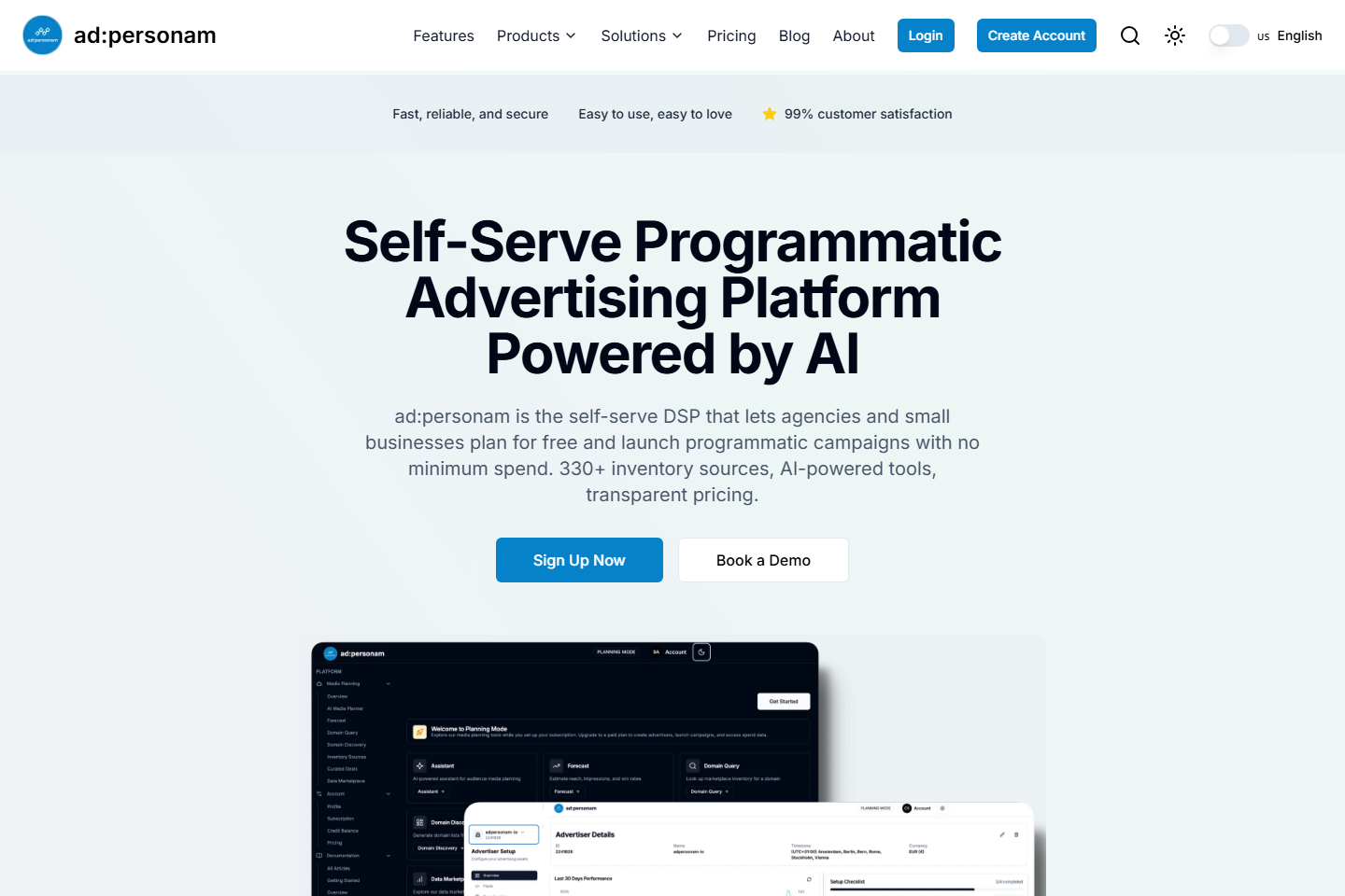 Product homepage for adpersonam Self Serve DSP: ad:personam is the self-serve programmatic advertising platform with no minimum spend.
