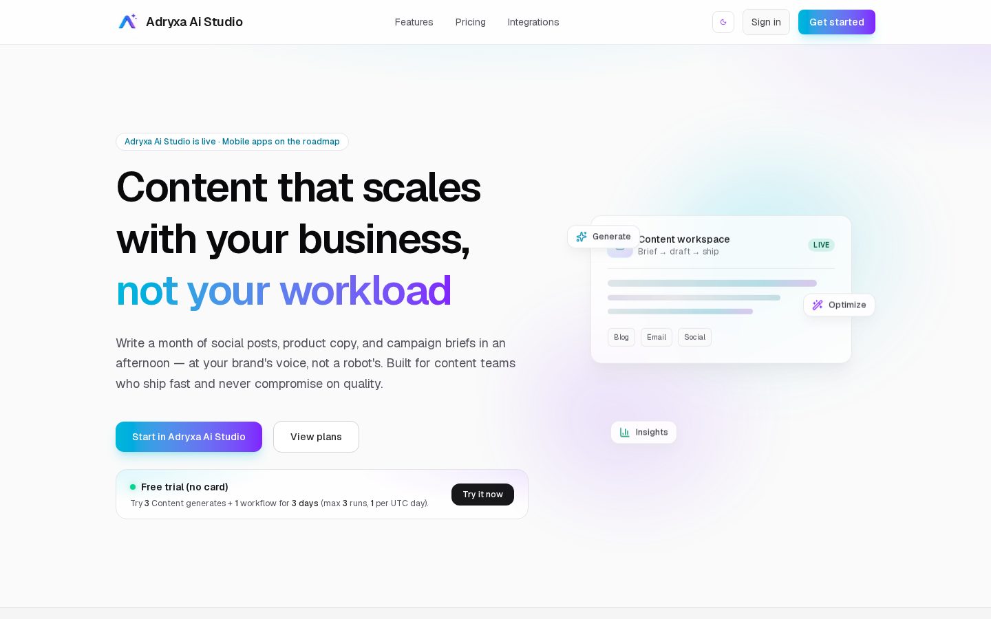 Adryxa AI Studio Homepage