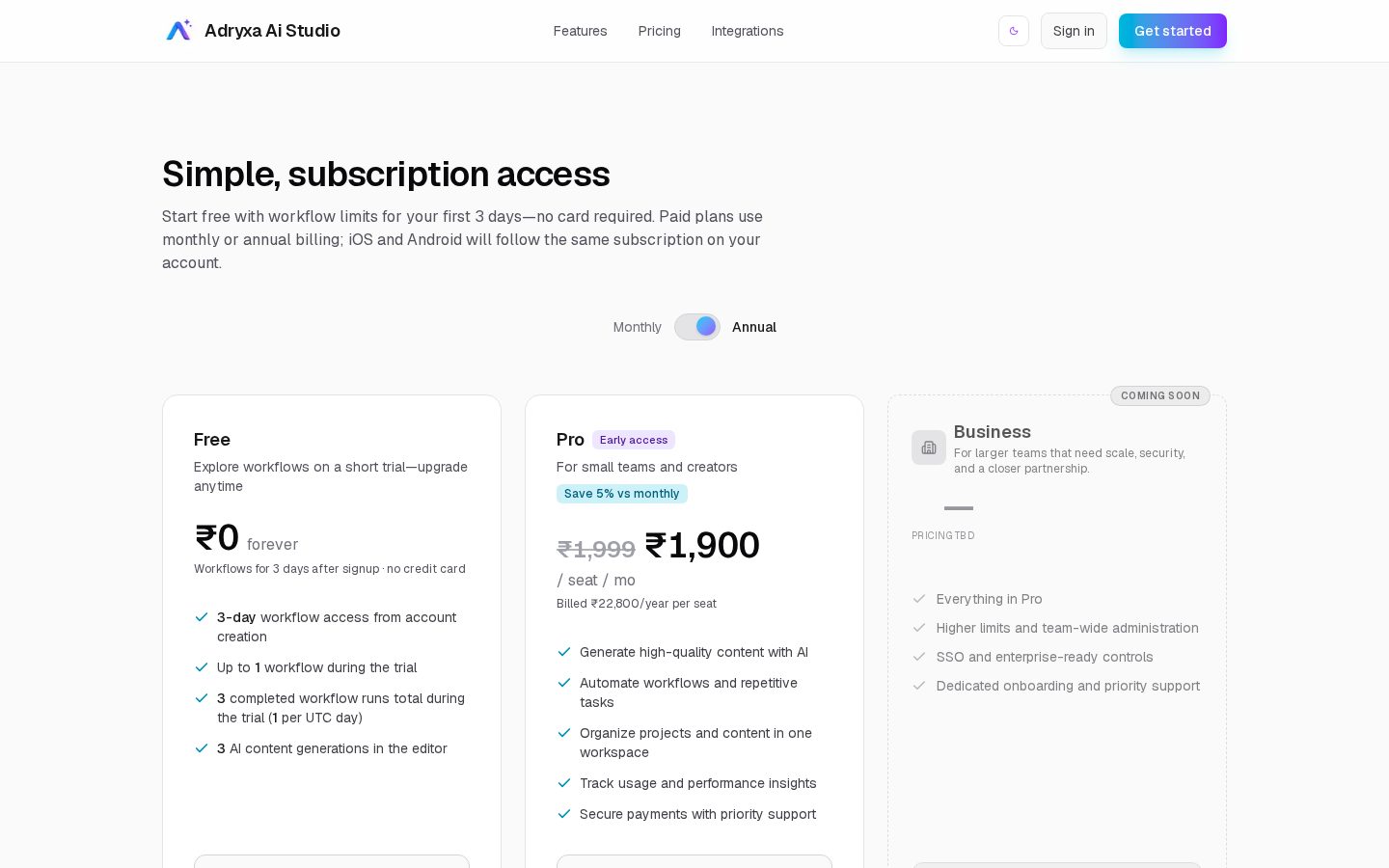 Adryxa AI Studio Pricing
