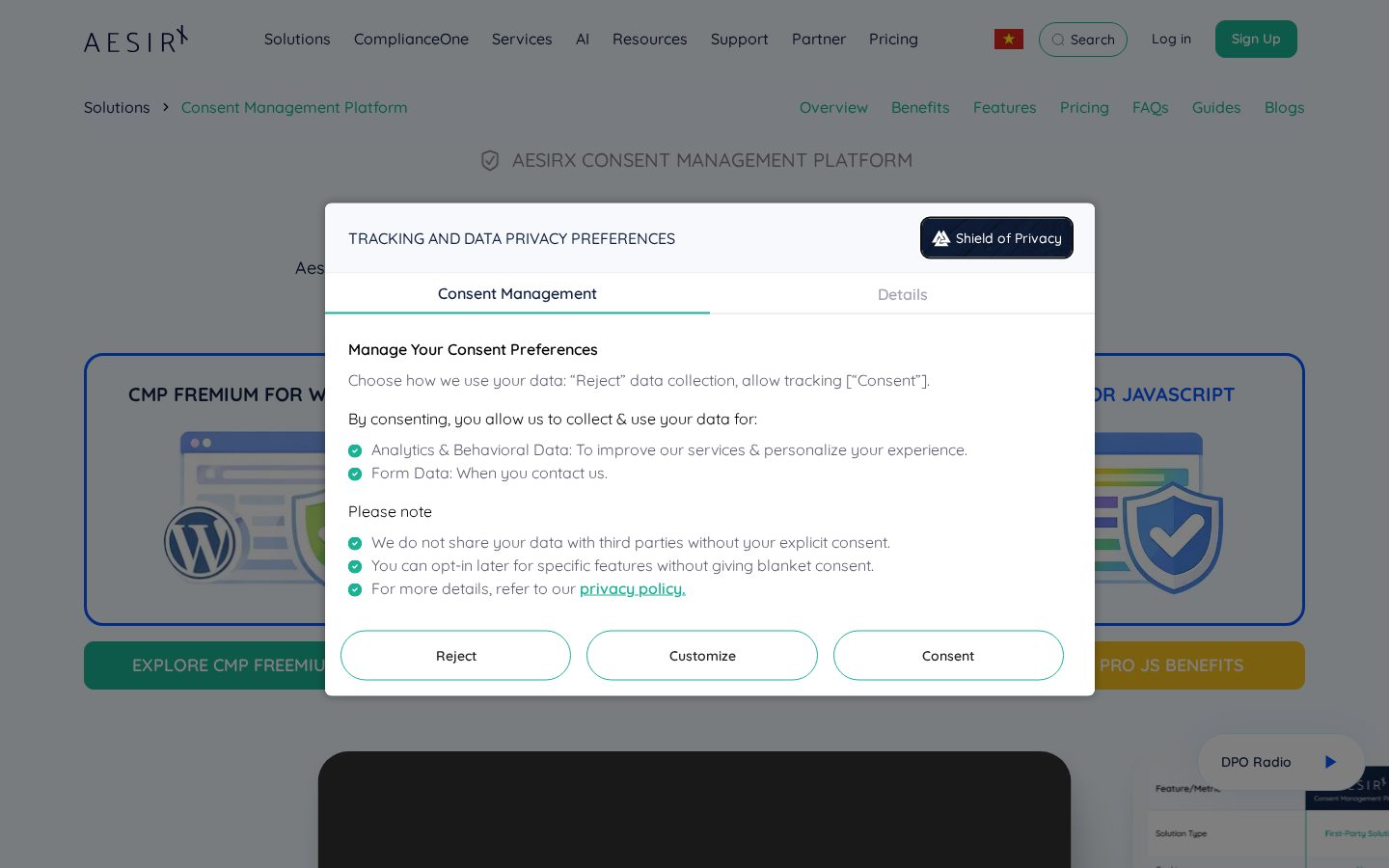 AesirX Consent Management Platform Homepage