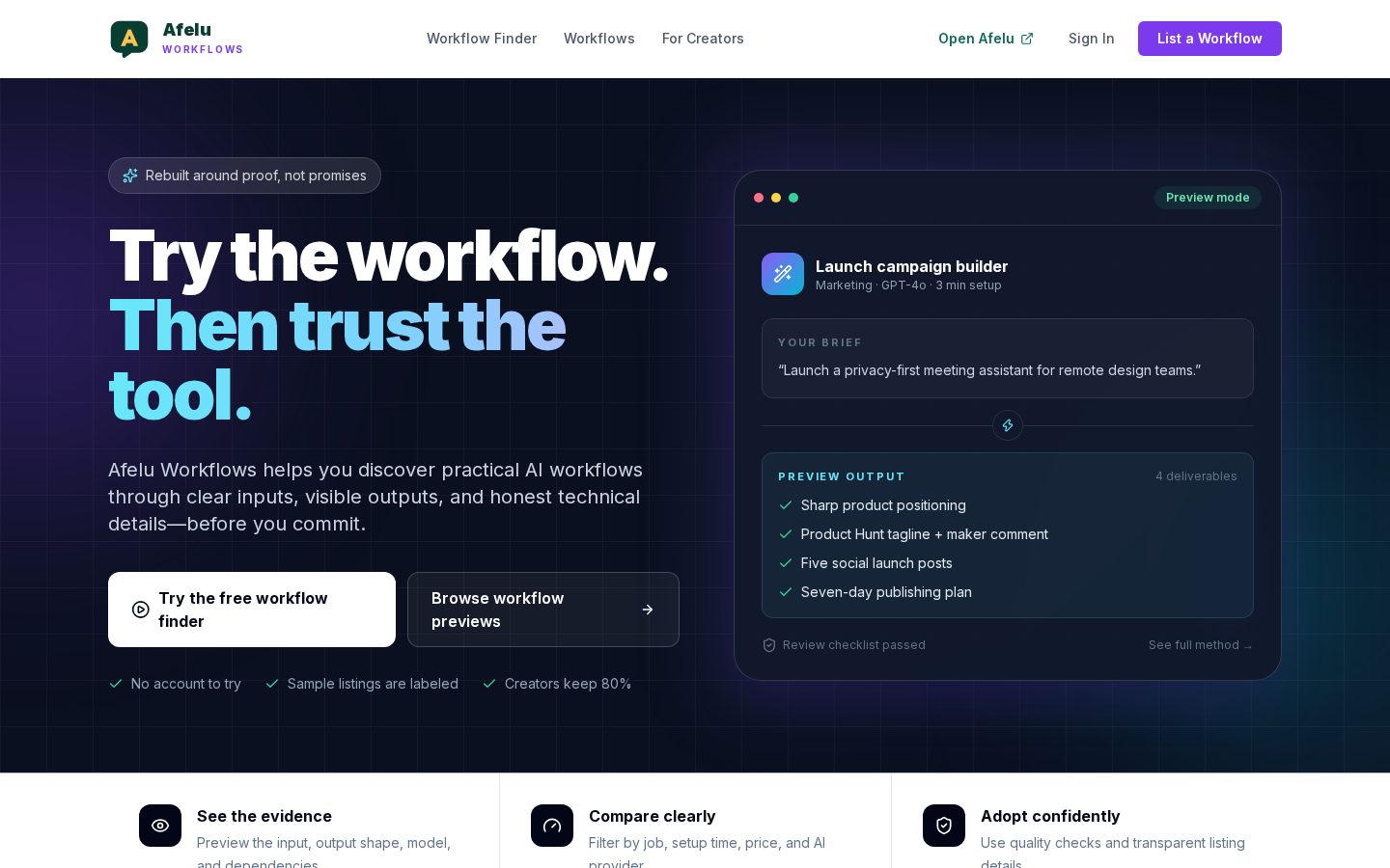 Afelu AI Marketplace Homepage