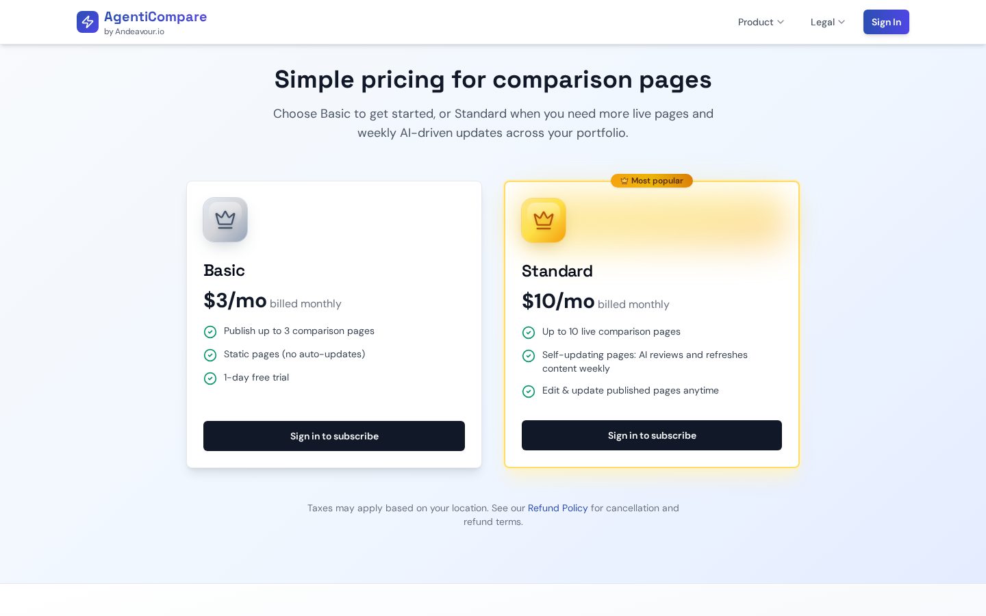 AgentiCompare.ai Pricing