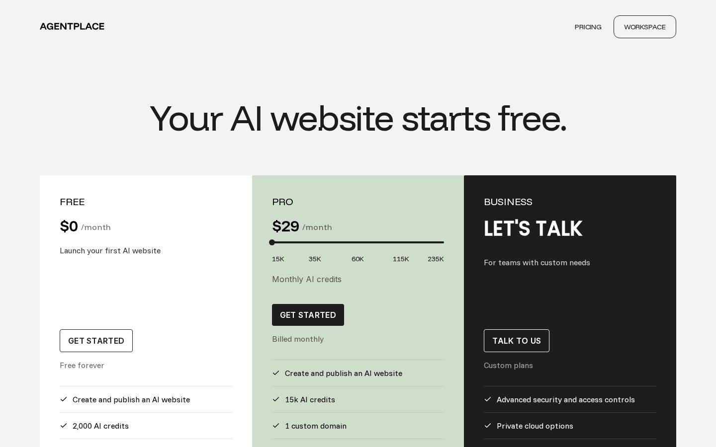 Agentplace AI Agents Pricing
