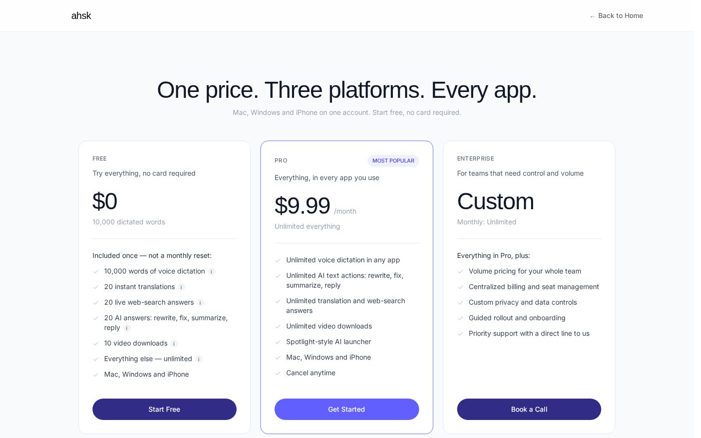 Ahsk AI Pricing