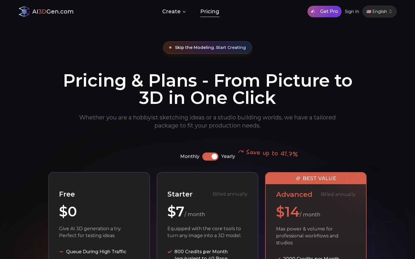 AI 3D Model Generator Pricing