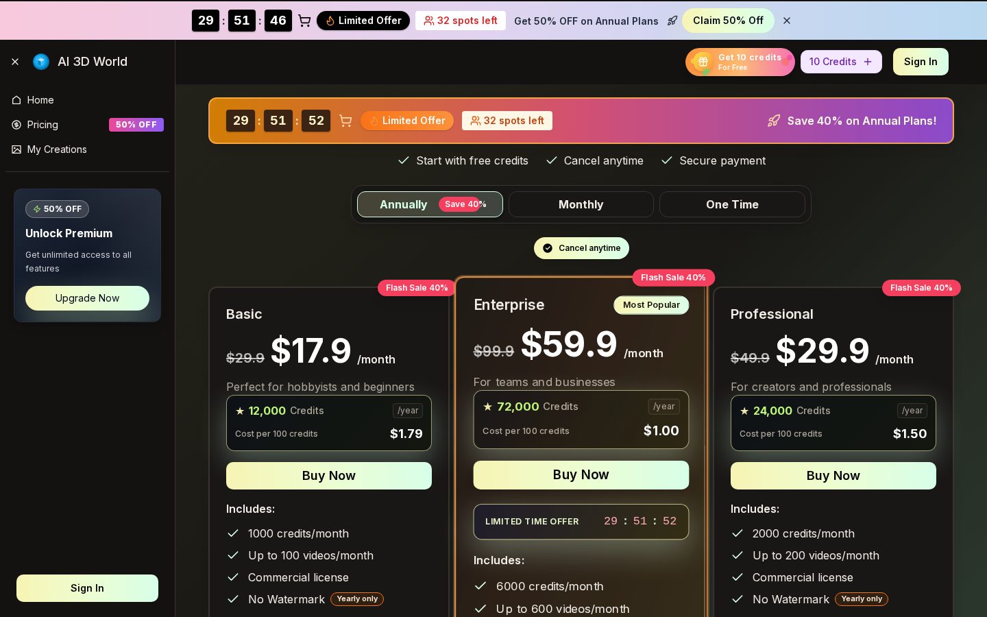 AI 3D World Generator Free Pricing