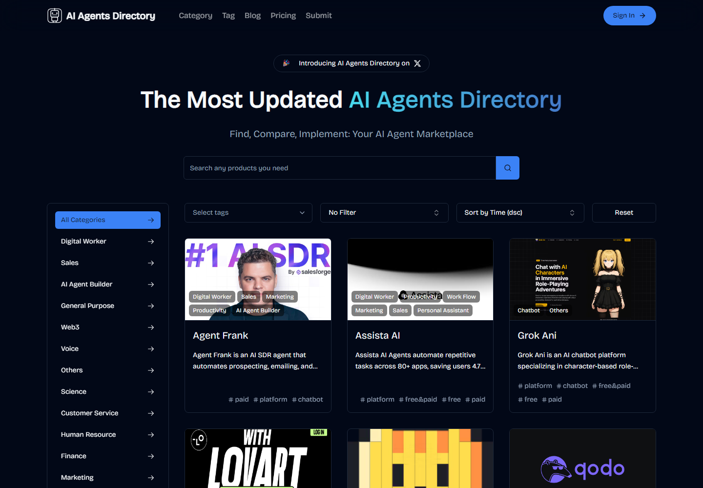 AI Agents Directory homepage