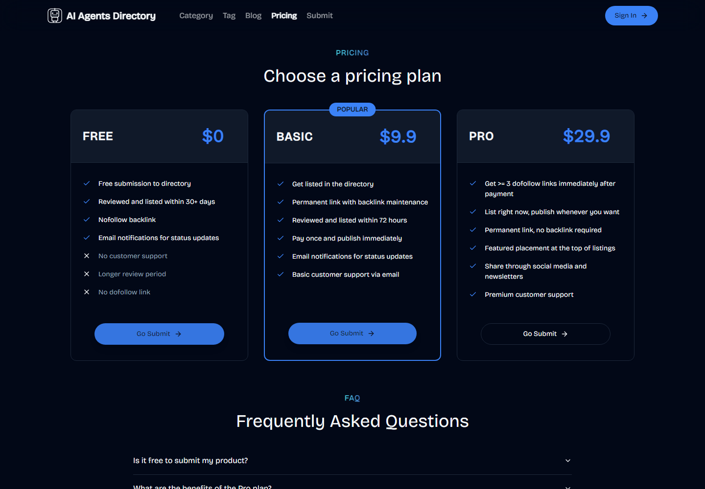AI Agents Directory pricing