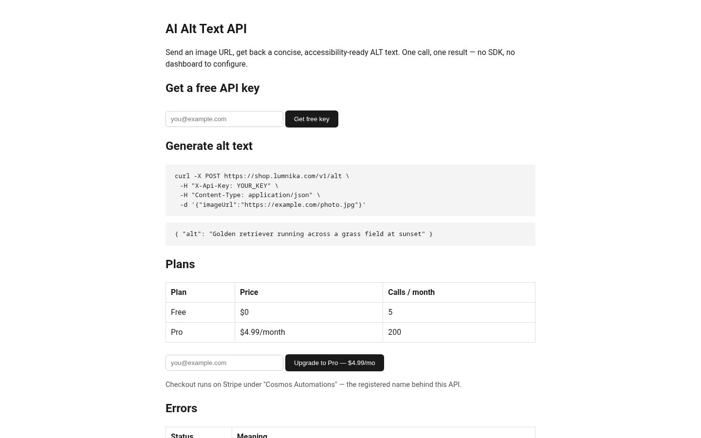 AI Alt Text API Homepage