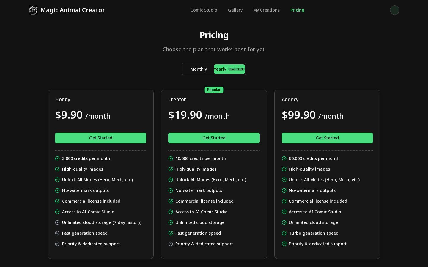 AI Animal Generator Pricing