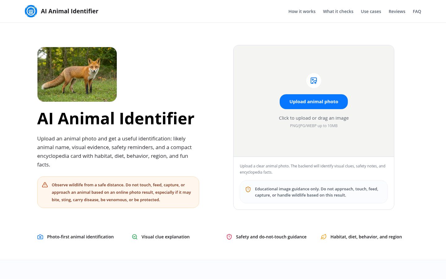 AI Animal Identifier Homepage