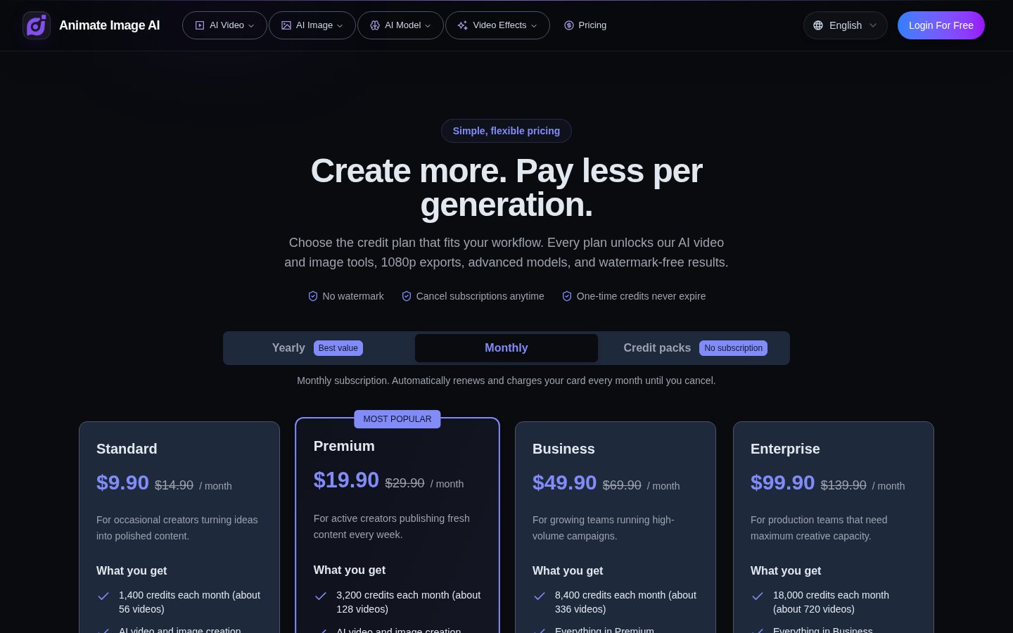 AI Animate Image Pricing