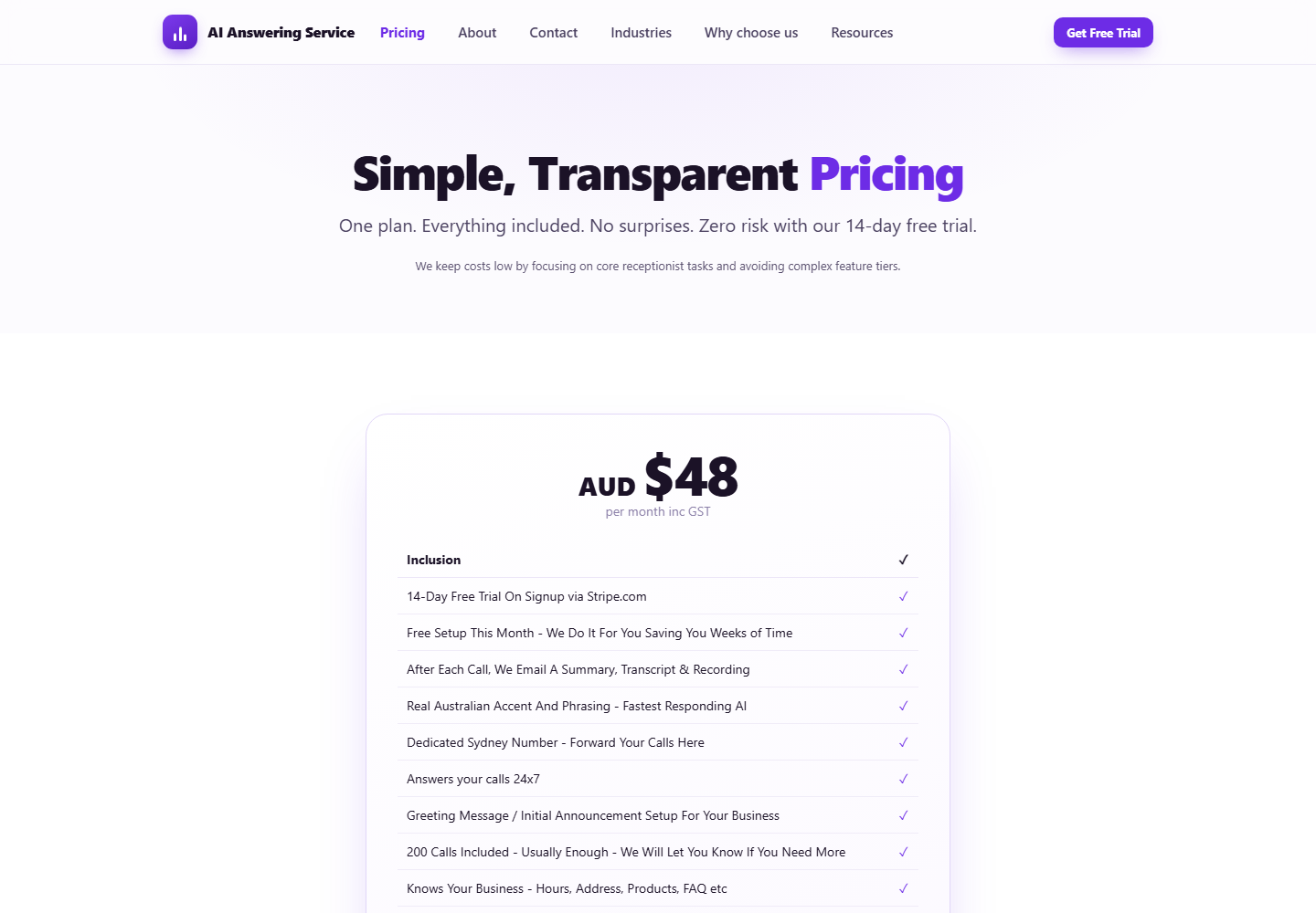 AI Answering Service pricing
