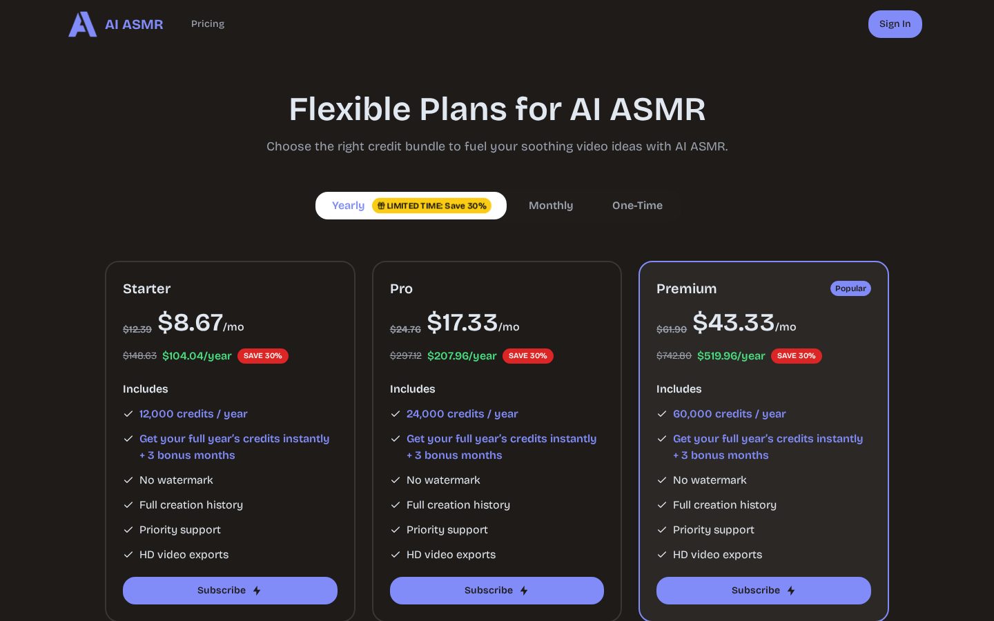 AI ASMR Pricing