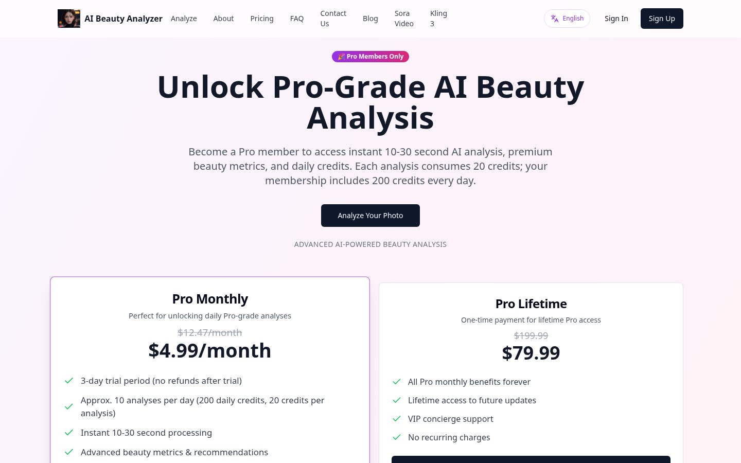 AI Beauty Analyzer Online Pricing
