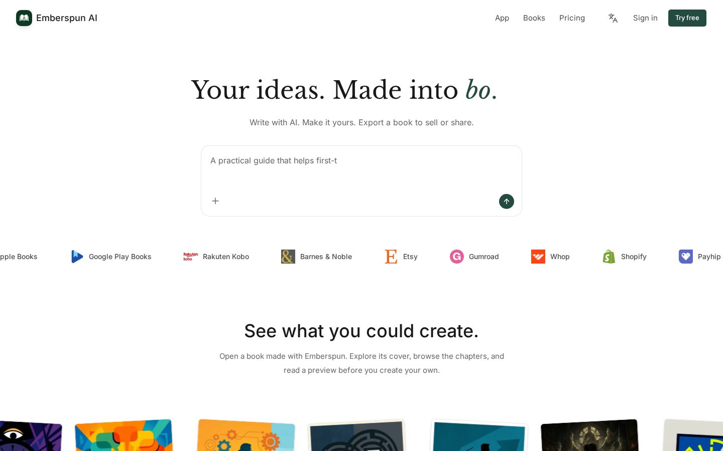 AI book writer with Emberspun AI Homepage
