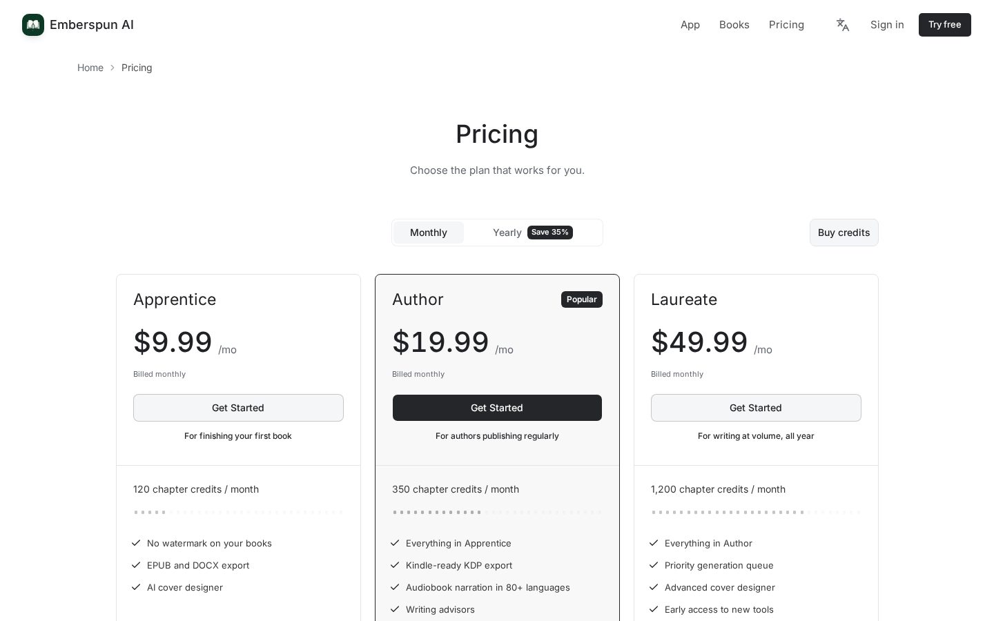 AI book writer with Emberspun AI Pricing