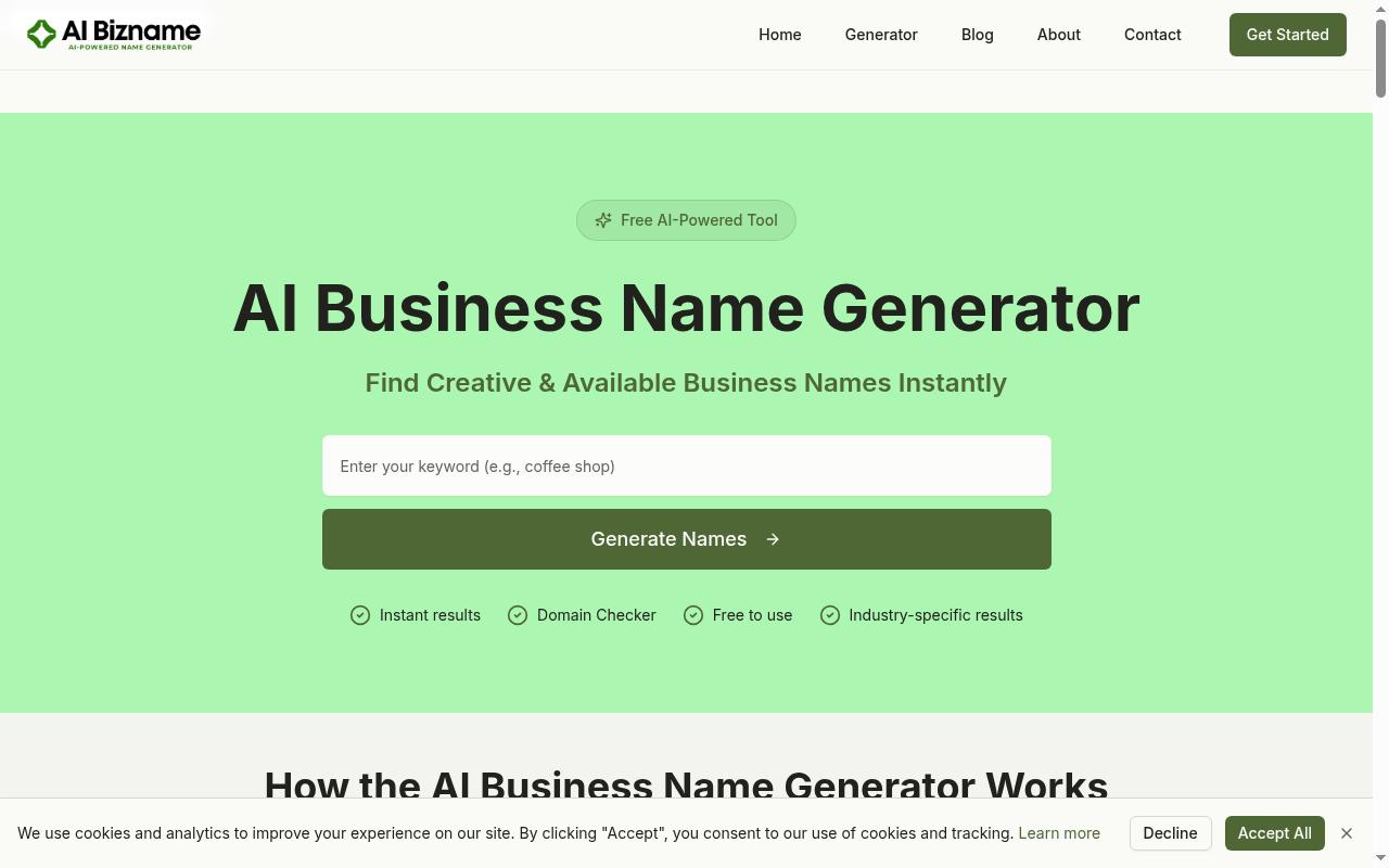 AI Business Name Generator Homepage