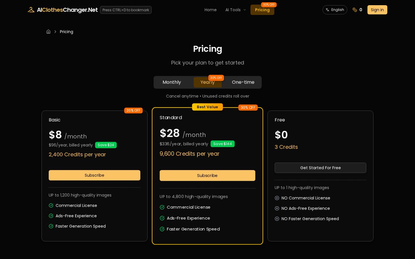 AI Clothes Changer Pricing