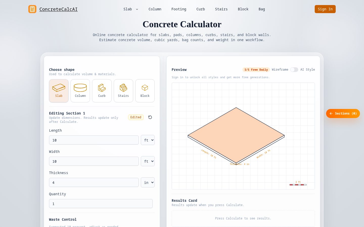 AI Concrete Calculator Homepage