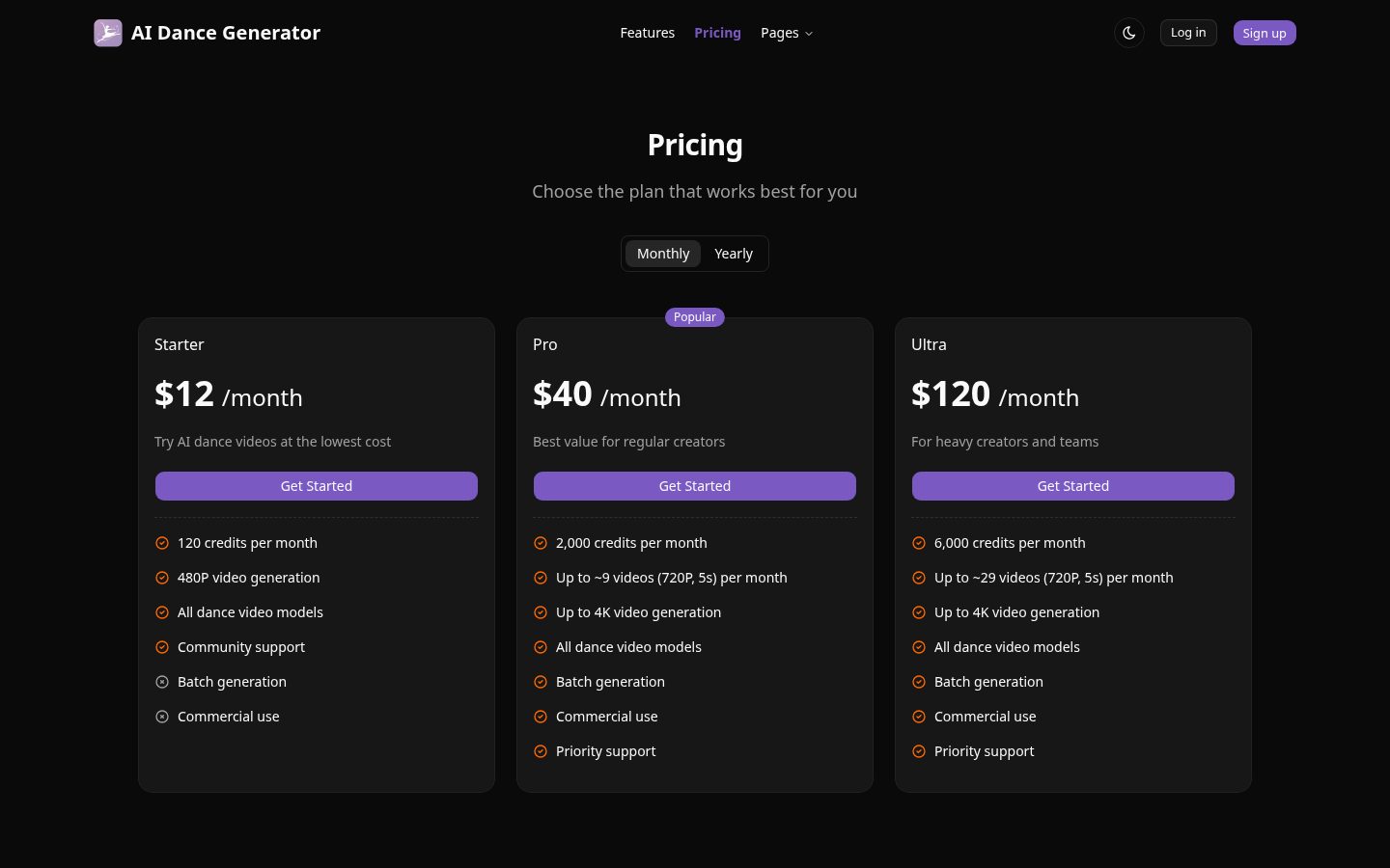 AI Dance Generator Pricing