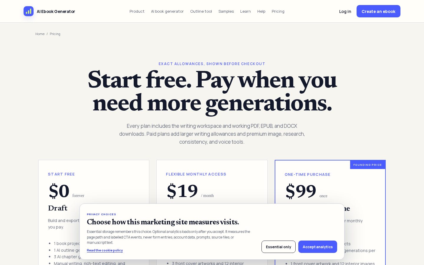 AI Ebook Generator Pricing