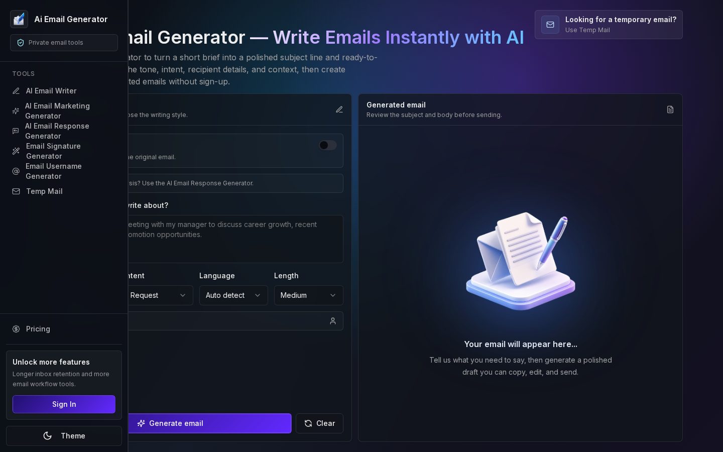 AI Email Generator Homepage