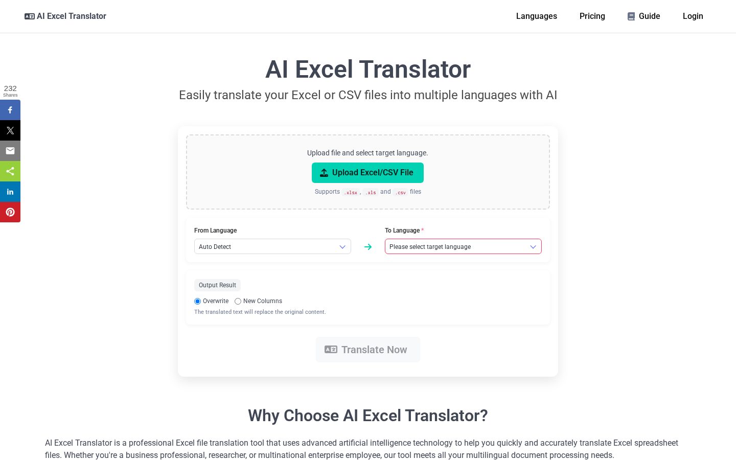 AI Excel Translator Homepage