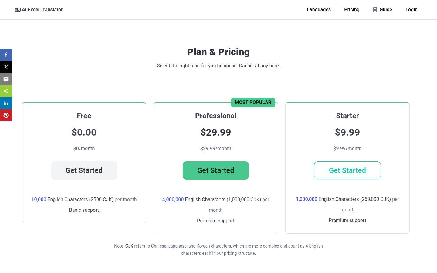 AI Excel Translator Pricing