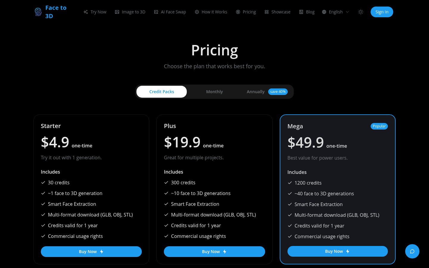 AI Face to 3D Model Generator Pricing
