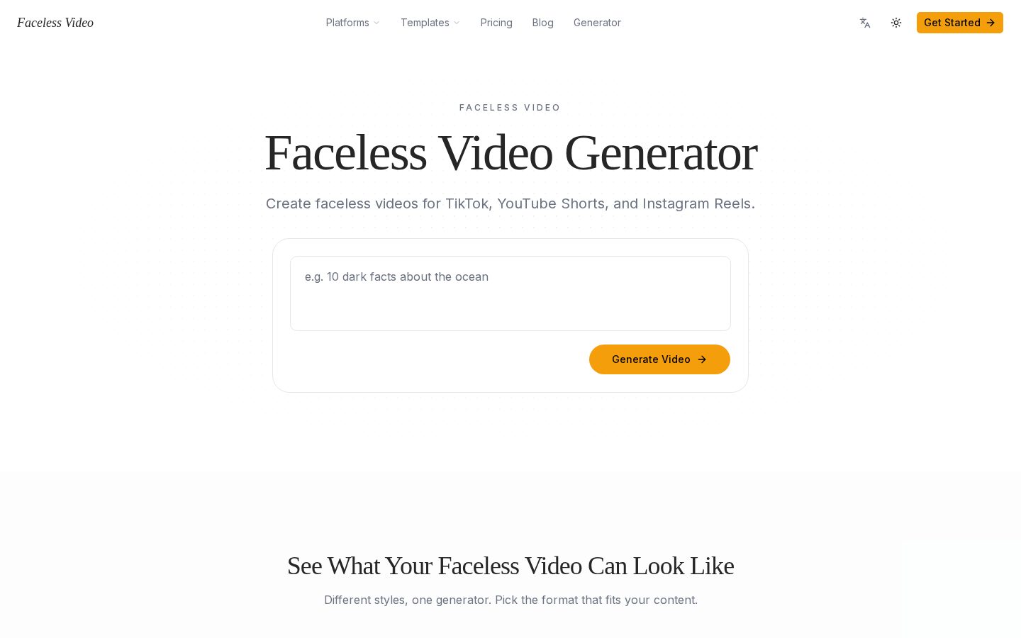 AI Faceless Video Generator Homepage