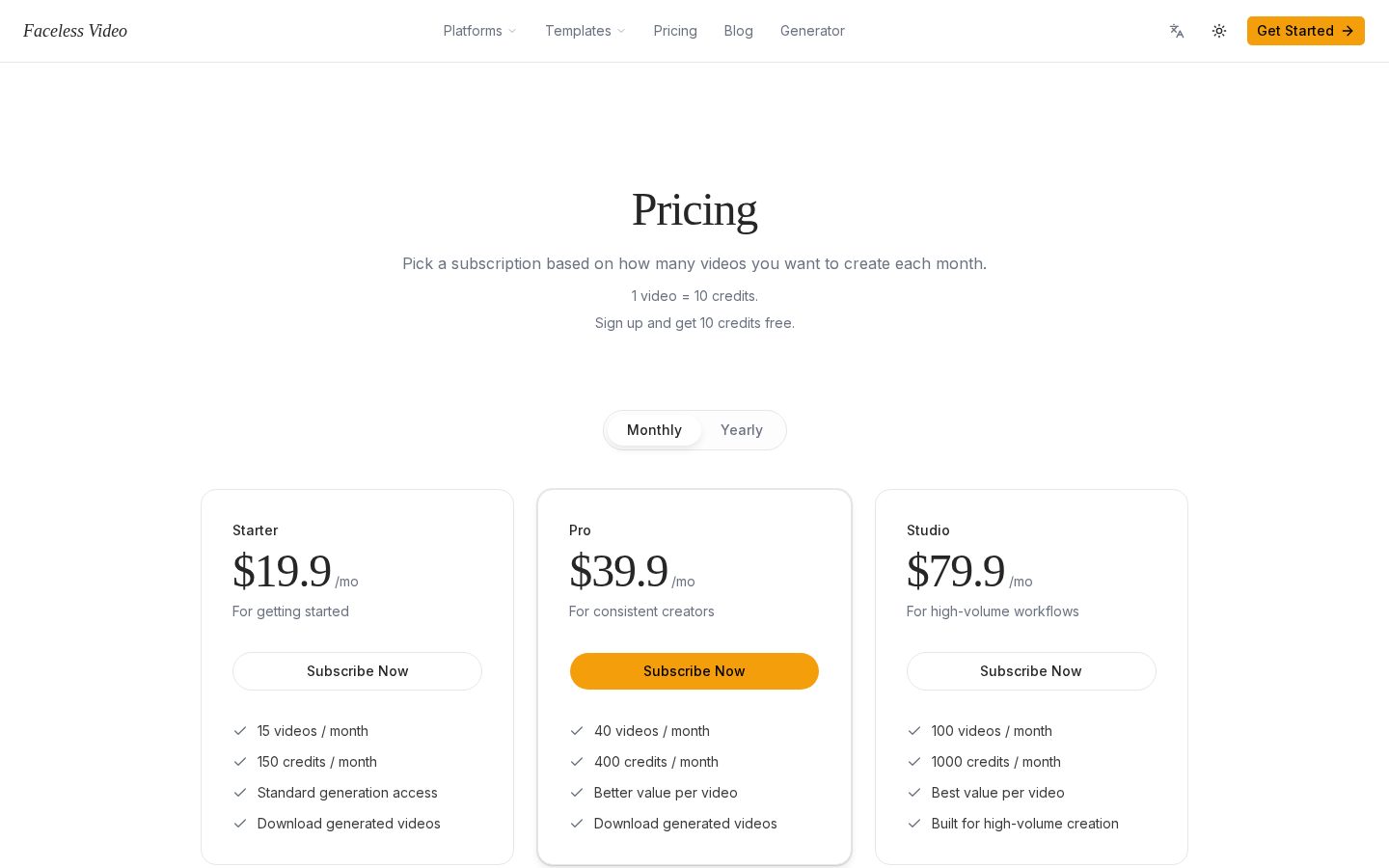 AI Faceless Video Generator Pricing