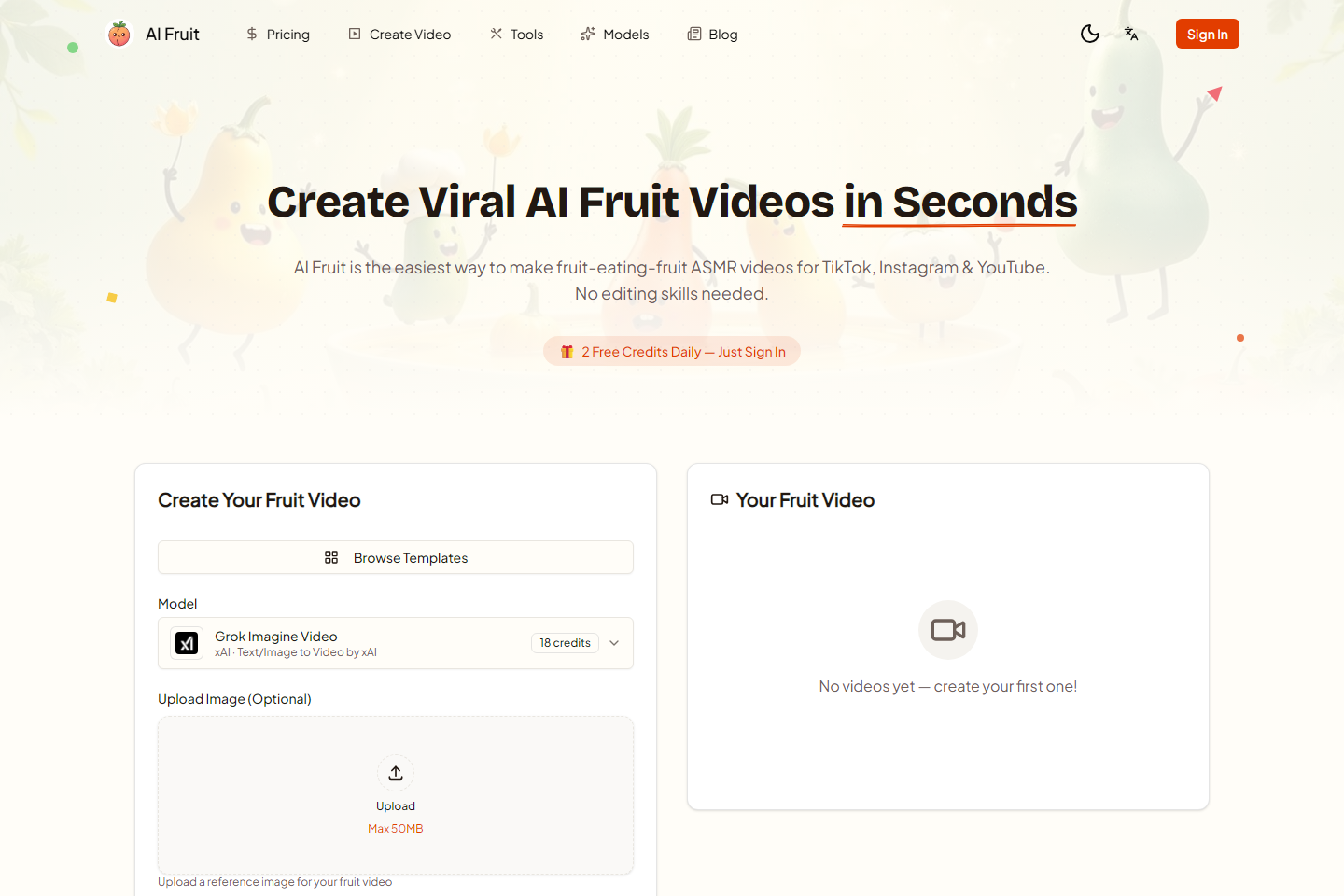 Product homepage for AI Fruit: Create viral AI fruit videos for TikTok, Instagram & YouTube in seconds. 50+ templates, no editing skills needed.