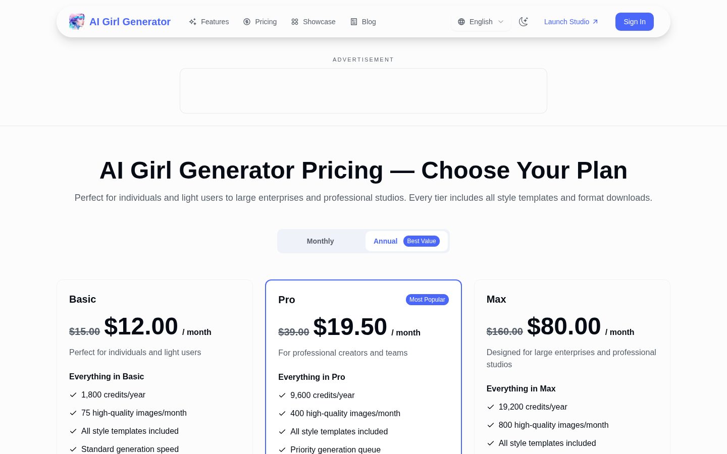AI Girl Generator Pricing