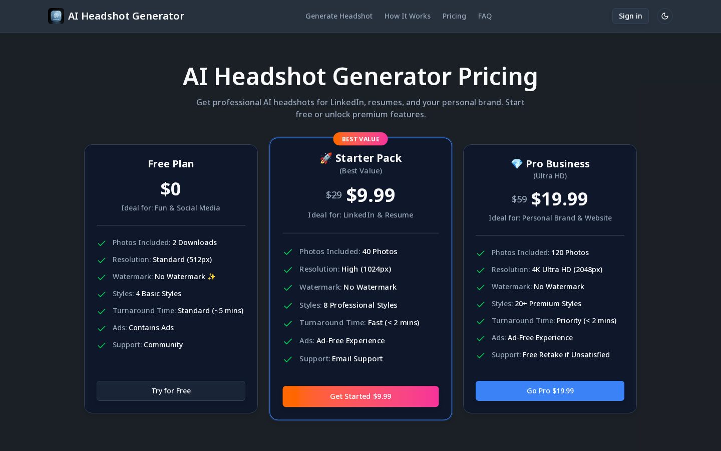 AI Headshot Generator Pricing