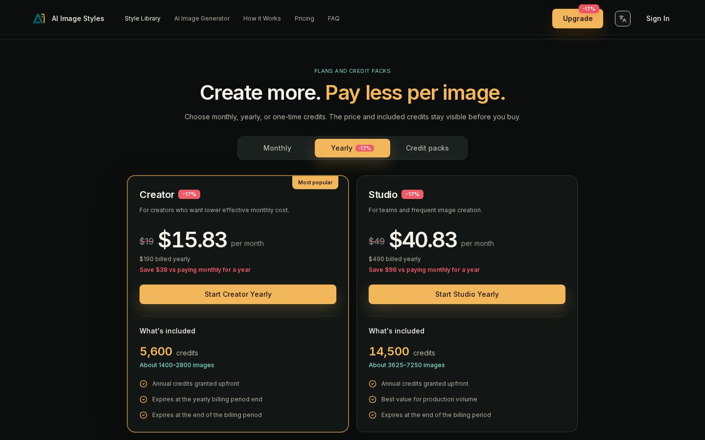 AI Image Styles Pricing